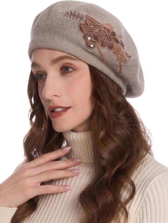 Accessories - Women's French Beret Hat Reversible Knitted Thickened Warm Cap Flower Coffee